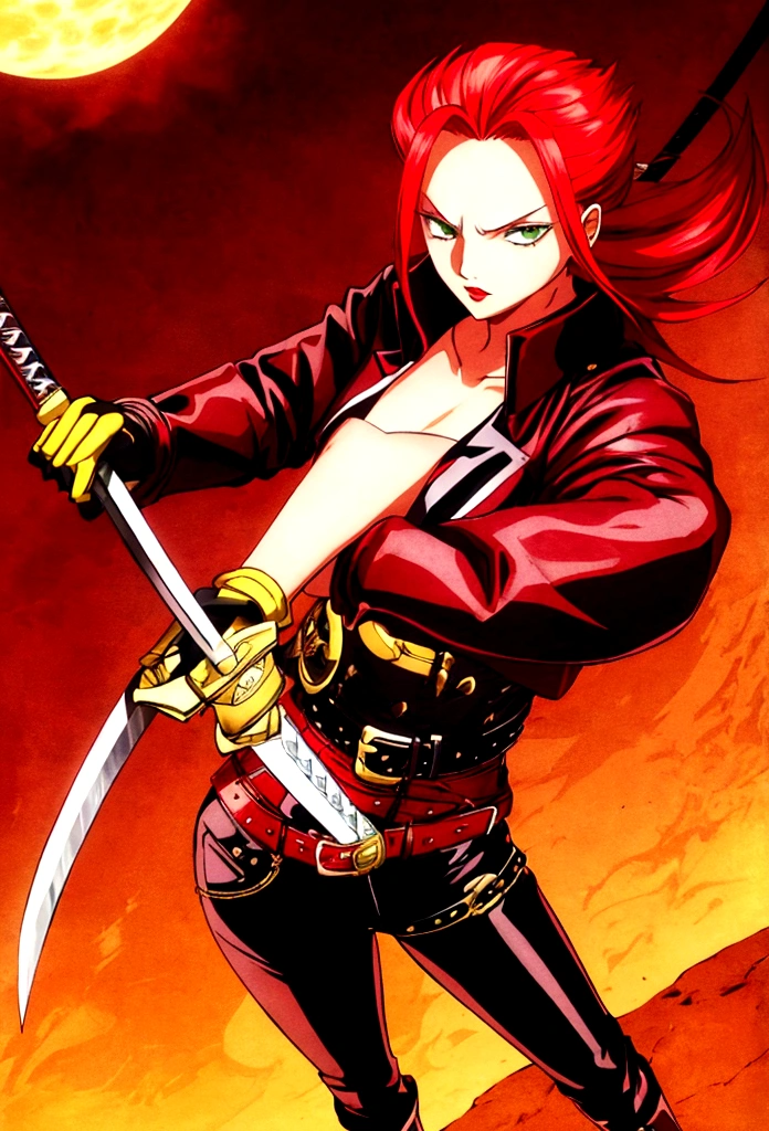 Anny D. Rouge has long vibrant red hair, inherited from Shanks, and intense green eyes. His presence is striking, with a tall and slender build. Wear a red leather jacket, with gold details, over a fitted black blouse. Your pants are tight and dark, secured by a belt with a skull-shaped buckle. Wears black knee-high boots and fingerless gloves. Wields a katana dexterously, combining Shanks&#39; technical elegance with his own strength and agility. Has a natural talent for Observation Haki, making her a formidable swordsman.