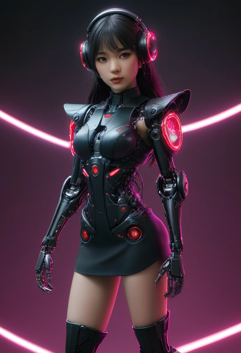 xxmixgirl. Highly detailed professional 35mm film, bokeh, face in sharp focus. A robotic female, Miku, with ((metal skin)), ((perfect Asian eyes)) with magenta irises and ((black pupils)), beautiful serious (detailed face), 18 year old ((photorealistic face)), very long magenta twin tails of magenta hair, twin black hair ties with a single red stripe. She may have a black audio headpiece. We can see her ((full body)) down to her boot soles. Her outfit is a sleeveless collared light grey shirt, outlined in red around the frilled collar and hems. Shiny reflective ((metallic breast cups, dimpleless)), invisible nipples. She wears black sleeves with red hems that start around her upper arm and bellow out as the sleeves open and extend to her wrists, with wide trumpet red rimmed cuffs. She has perfect robotic (detailed hands). She wears a red colored tie with two horizontal solid parallel black lines halfway across. She wears a fabric black skirt with a horizontal red hem at the bottom all the way around; her (((black skirt wraps around her))) and ((her skirt completely covers)) her robotic waist and thighs. Tall black boots with red bottom soles, a red rim around the top at her thighs. Her mechanical shoulder joints are visible. We can see her robotic legs and robotic neck. Half of her is covered with shiny polished machinery. The background is a distant dark neon futuristic Japanese city, gold, cyan, violet neon, near harbor or mountains.