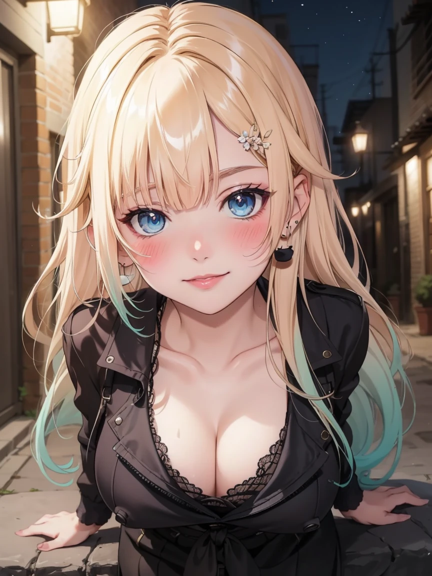 Portrait, official art, best masterpiece, best quality, best resolution, 8K, best detailed, (perfect anatomy:1.3), (looking at viewer)
BREAK
(looking at viewer, standing, from above)
BREAK
aizawa ema, long hair, gradient hair, blond hair, hair ornament, earrings, blue eyes, (large breasts:1.2), solo, 1woman, naked, Nipple Erect
BREAK
(blush:1.4), (shy smile)
BREAK
(Alley, outdoor, night), (Dim lighting), very detailed 16KCG wallpapers