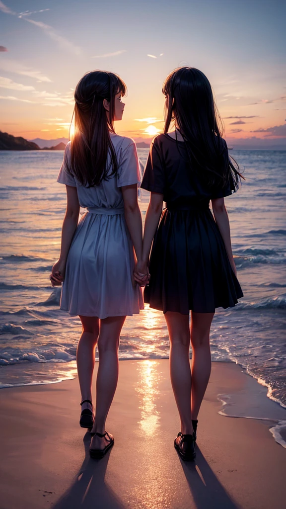 Two girls holding hands at sunset.