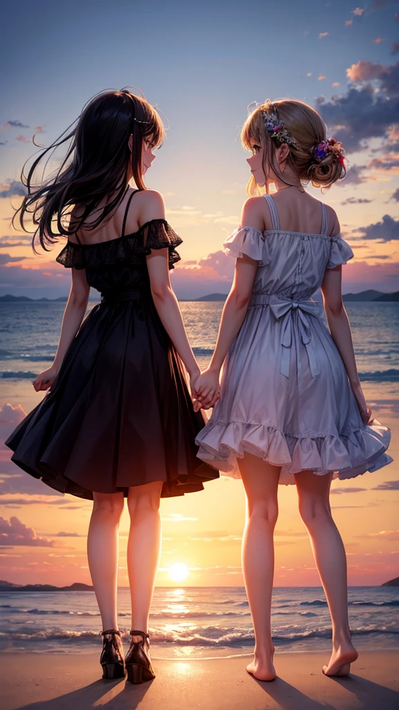 Two girls holding hands at sunset.