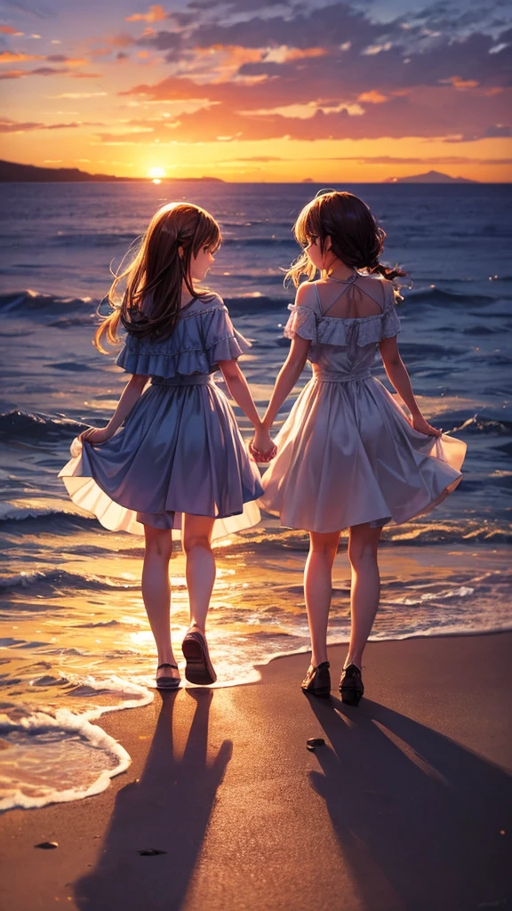 Two girls holding hands at sunset.