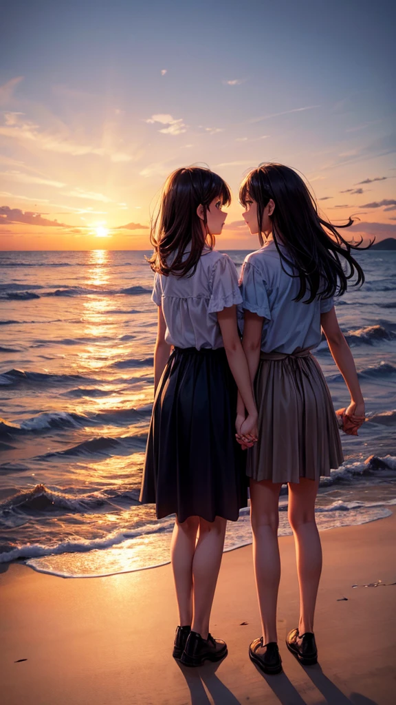 Two girls holding hands at sunset.