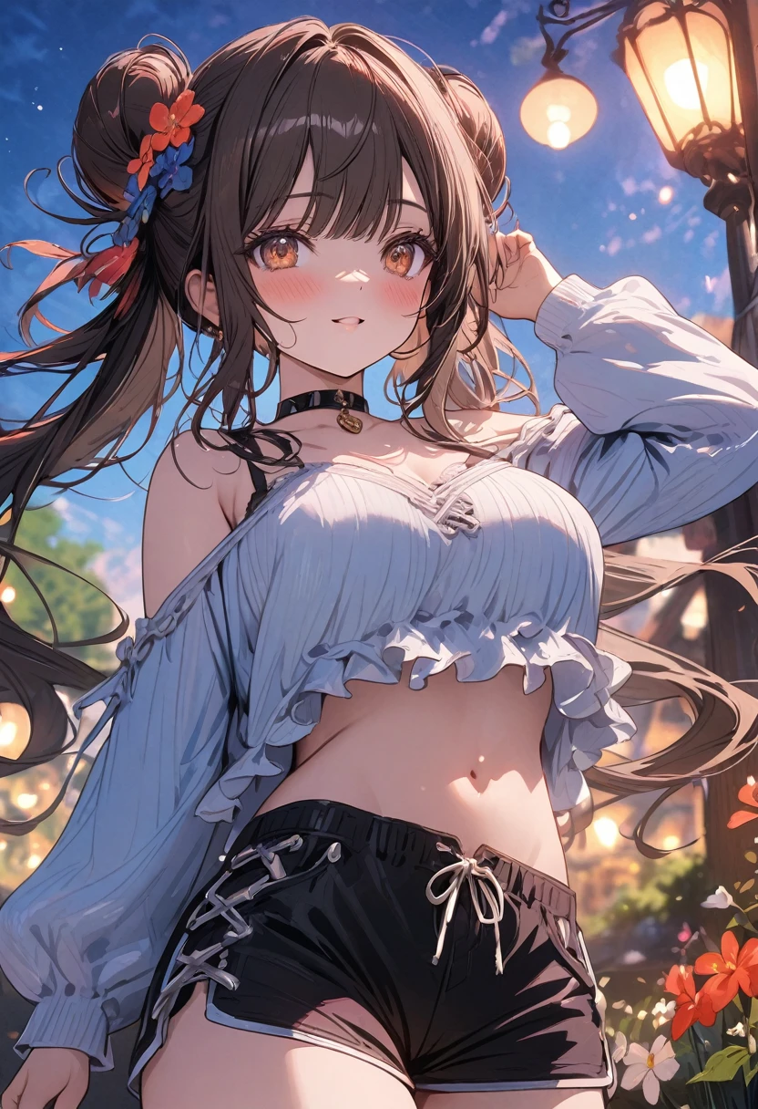 (masterpiece), best quality, very aesthetic, newest, absurdres, detailed, high quality
BREAK
highest quality, top quality, details, highres, ultra fine painting, digital art, official art, cinematic, 4k, 8k resolution, 8K CG wallpaper, CG, original artwork, detailed background, colorful background, blue atmosphere, High Dynamic Range, blurry background, blue hour, Starburst effects, crepuscular rays, good ISO, high resolution, wide shot, from far away, RAW photo, POV, sharp focus, light reflection, reflections, intricate details, soft light, particle noise, professional photography, bokeh, depth of field, natural lighting, vibrant colors, looking away, detailed lights and shadows, stylish, ultra-detailed, top rated on Pixiv, trending on Artstation, niji style, modern-days, master crafted, pose
BREAK
solo, (close up), 1girl, pale skin, correct fingers, detailed hand, (big breasts:1.2), big thighs, small torso, short body, flushtered, blush, anxious expression, embarassed, embarassed act, casual, slim, ((cute, childlike face):1.3), nice body, nice hips, brown hair, (very long flowing hair), (big 2 buns hairstyle)), long bangs, long hair, middle hair bangs, brown eyes
BREAK
(white frilly loose-fitting crop shirt, long sleeve, string sweatshorts, cleavage, choker, casualwear style, detailed tummy, belly button, modern fashion)
BREAK
tranquil park scene, the park features lush, green grass, a variety of trees in different shapes and sizes, Include a vibrant flower garden with a mix of colorful blooms. image size 16:9