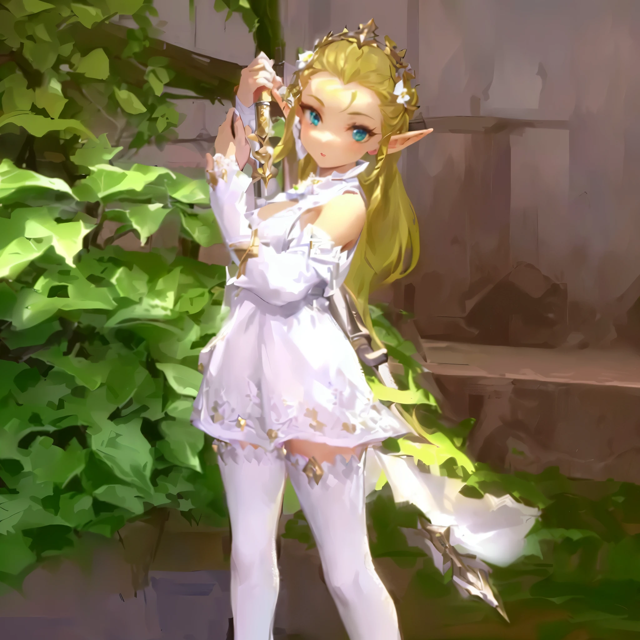 hair slicked back, there is a woman in a white dress holding a sword, elf princess, alluring elf princess knight, elf princess knight, elf girl, (((mad))) elf princess, ragnarok online, elf girl wearing an flower suit, lalafell, she has elf ears and gold eyes, elven princess, an elf queen, glossy white armor, pixie character