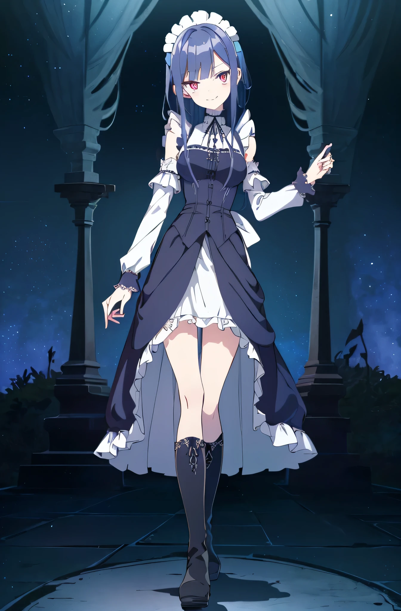 [(cathedral background:1.4)::5],original,(illustration:1.1),(best quality),(masterpiece:1.1),(extremely detailed CG unity 8k wallpaper:1.1), (colorful:0.9),(mid shot:0.95),(full body:1.5),Dynamic angle,(solo:1.2), (girl),((adult)), (detailed beautiful eyes:1.15), (beautiful face:1.15), (glowing red eyes:1.25////),((dark blue medium hair)),(blunt bangs),(chignon),(+perfect hand+:1.21),(Draw an illustration of a gothic girl),(Religious),(slender),(is wearing boots on her feet),((is wearing white maid clothes)),(furious), Lace Off-shoulder ta fashion,beautiful slender woman,((evil smile)),adult,thin legs,