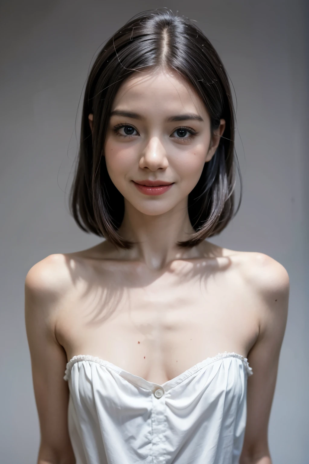 Very flat chest, (Old Lady:1.7), Transparent transparency, (Skinny Strapless Dress), adorable, 1 girl, (face to face), , baby face, hf body portrait, (face details: 1), (eye details:1), ((skinny flat breasts)). wearing transparent transparency long shirt, .. Cute posed. proportional body. Ultra High Res. realistic: 1.4, UHD, lace , very flat chest