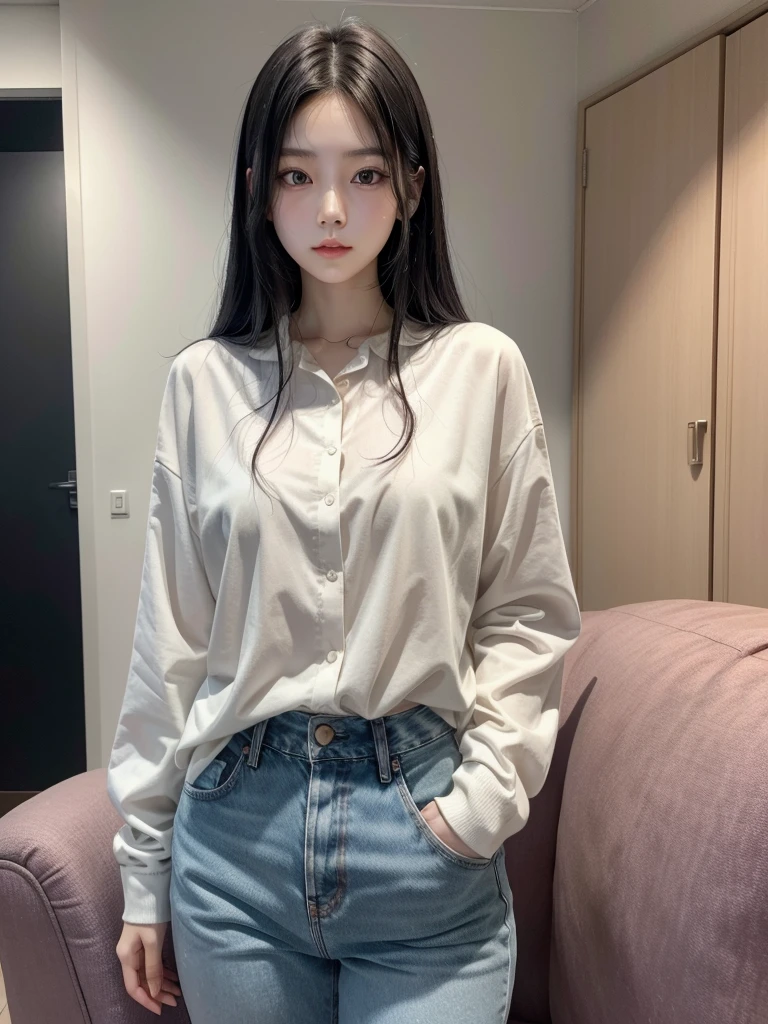 In manhwa art style young Korean woman 29s. Her hair is long and black color. Her face is oval than it is long, which carry a warm , expressive face. Her skin is radiant and clear, and her thin lips is pink. Small grey color eyes are captivating and misterios. She is wearing a jeans and white buttoned blouse while inside his photographic studio