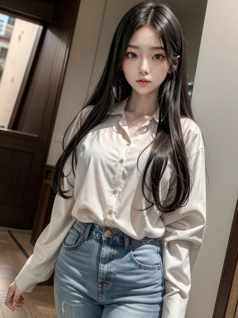 In manhwa art style young Korean woman 29s. Her hair is long and black color. Her face is oval than it is long, which carry a warm , expressive face. Her skin is radiant and clear, and her thin lips is pink. Small grey color eyes are captivating and misterios. She is wearing a jeans and white buttoned blouse while inside his photographic studio 