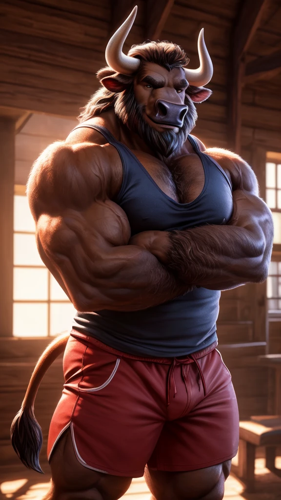 4k, high resolution, best quality, perfect colors, perfect shadows, posted on e621, portrait shot, furry body, solo,
anthro brown minotaur, (monotone brown fur, anatomically correct bovine tail:1.3), male, (middle-aged, mature:1.2), (curved bovine horns), (beard:1.35), (strongman, heavily muscular, beefy, massive, veiny, buff, manly, masculine:1.21), correct anatomy, (photorealistic fur, detailed fur, epic, masterpiece, smile:1.2), (photographic rendering, soft lighting:1.5), (nails on hands), detailed eyes, (long white sports tank-top:1.3), (red shorts:1.4), ((arms crossed)), best posture