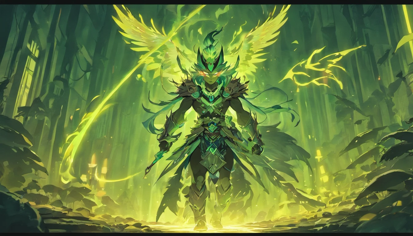 Old anime style, artbook, comicbook, RPG, futuristic tribal, tribalpunk. Magical werewolf goblin, wearing glowing magical tribal armor, stone skin with carved magic marks, dynamic pose, full body, goblin face with glowing magical tribal tattoos with lush tones, beast features, beast tail, beast fur on Goblin ears , bright eyes, using a magic long spear with glowing magic marks. A magical village in a kingdom of a mystical ancient civilization, with buildings with neon details, with magical vegetation mixed in with the huts. Wide scenery, cinematic scene with several layers of depth, dynamics, magical lighting.