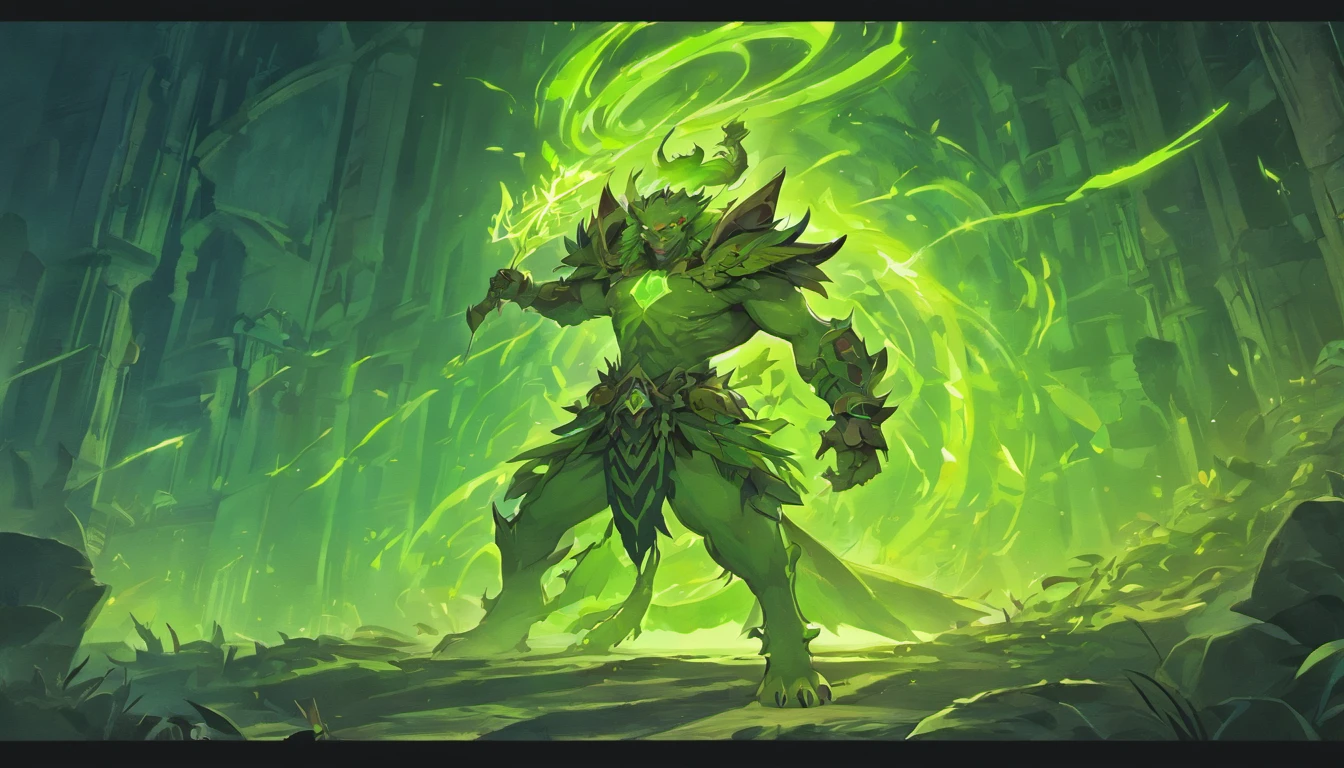 Old anime style, artbook, comicbook, RPG, futuristic tribal, tribalpunk. Magical werewolf goblin, wearing glowing magical tribal armor, stone skin with carved magic marks, dynamic pose, full body, goblin face with glowing magical tribal tattoos with lush tones, beast features, beast tail, beast fur on Goblin ears , bright eyes, using a magic long spear with glowing magic marks. A magical village in a kingdom of a mystical ancient civilization, with buildings with neon details, with magical vegetation mixed in with the huts. Wide scenery, cinematic scene with several layers of depth, dynamics, magical lighting.