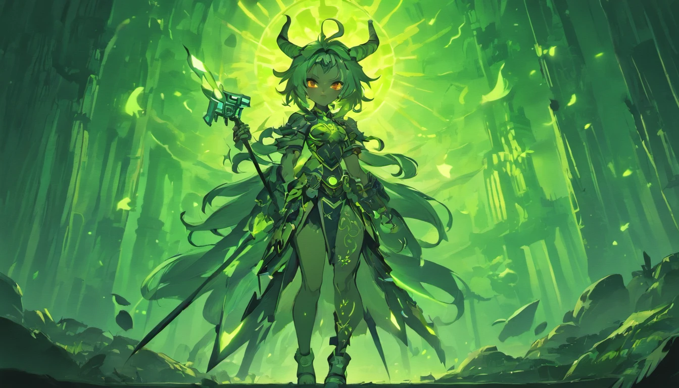 Old anime style, artbook, comicbook, RPG, futuristic tribal, tribalpunk.  Magical werewolf goblin, wearing glowing magical tribal armor, stone skin with carved magic marks, dynamic pose, full body, goblin face with glowing magical tribal tattoos with lush tones, beast features, beast tail, beast fur on Goblin ears , bright eyes, using a magic long spear with glowing magic marks.  A magical village in a kingdom of a mystical ancient civilization, with buildings with neon details, with magical vegetation mixed in with the huts.  Wide scenery, cinematic scene with several layers of depth, dynamics, magical lighting.