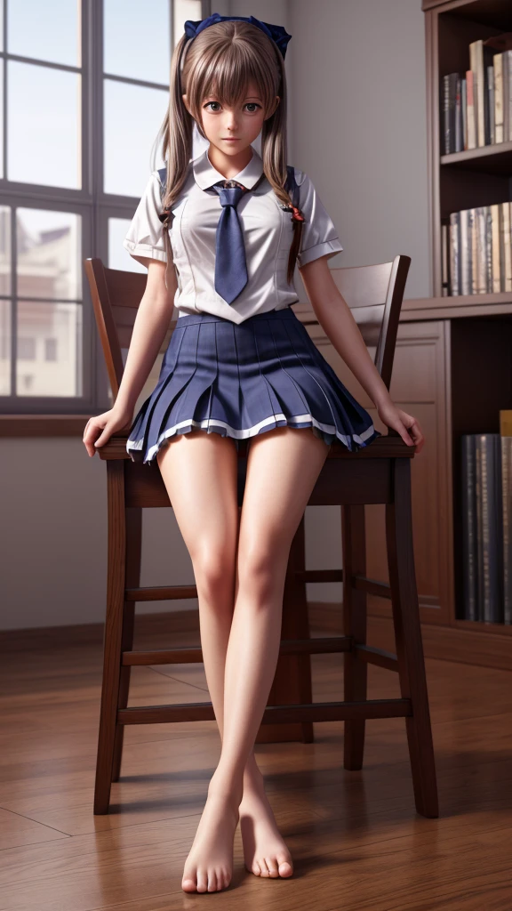 There was a woman with her feet on a chair，detailed digital anime art，8K high quality detail art，smooth anime cg art，Trends on CGSTATION，surreal school girl，Detailed legs，giantess art，surreal school girl