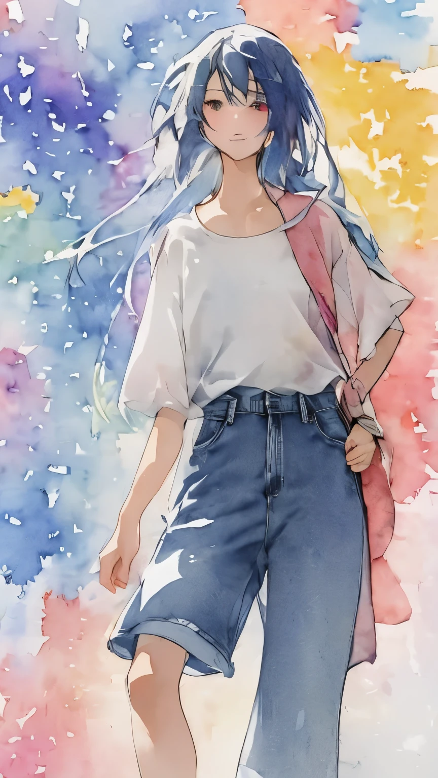 watercolor, watercolor, watercolor風, watercolorの詳細なアート, watercolor digital painting, watercolor paints, 非常に精巧なwatercolor, watercolor,Japanese women,18-year-old, Long Hair,Black Hair, Splatter backgrounds and spray paint effects, Adam Hughes, White t-shirt and jeans shorts, Upper Body Center, Multi-coloured hair,Watery eye,