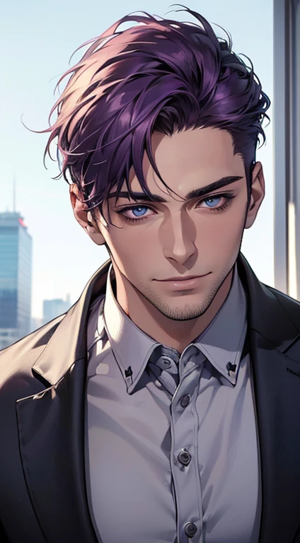 (best quality,4k,8k,highres,masterpiece:1.2),ultra-detailed,(realistic,photorealistic,photo-realistic:1.37),1 man,31 years old,mature man,very handsome,without expression,smile,short purple hair,blue eyes,penetrating gaze,perfect face without errors,imposing posture,businessman,office background,cinematic lighting,hdr image