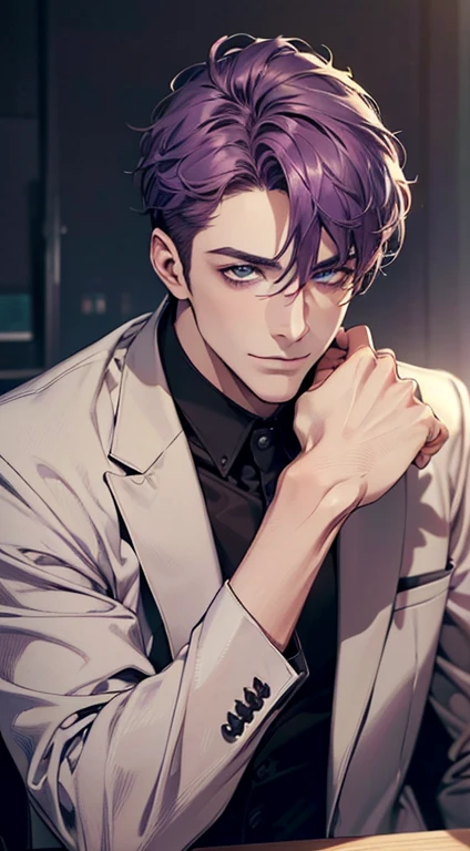 (best quality,4k,8k,highres,masterpiece:1.2),ultra-detailed,(realistic,photorealistic,photo-realistic:1.37),1 man,31 years old,mature man,very handsome,without expression,smile,short purple hair,blue eyes,penetrating gaze,perfect face without errors,imposing posture,businessman,office background,cinematic lighting,hdr image