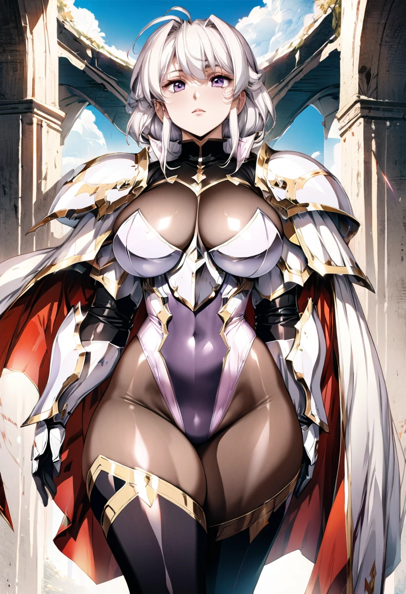 ((highest quality)), ((masterpiece)), ((hyperrealistic)), (detailed background), anime style, solo, shoot from below, 1girl, ((curvy: 1.2)), kawaii, paladin, ((Lamé racing light purple leotard)), ((catsuit leotard)), (paladin armor), (breastplate armored dress), cloak de cour, gauntlet, gloves, white hair, ahoge, (huge breasts), see-through cleavage cutout, (zettai ryouiki black thigh high socks), (black see-through pantyhose thighs), (See-through pantyhose groin area), beautiful eyes, perfect face, Perfect hands, perfect fingers, Blue sky and grassland,