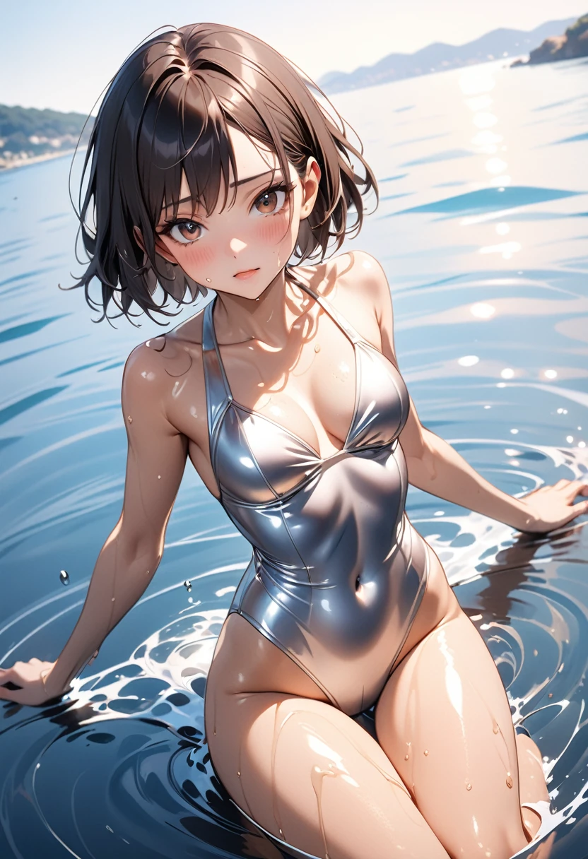 ((Metallic one-piece_swimsuits, lying on the water and floating, Mediterranean Sea)), skindentation, skinny, solo, 1 woman, Masterpiece, highest quality, highest quality, 16K, incredibly absurd, highly detailed, 2.5D, ai-generated, delicate and dynamic, very delicate facial expressions, delicate eye depiction, erotic, only sexy woman, healthy figure, 25-year-old woman, bride, 160cm tall, medium firm swaying bust, (dark hair), (short hair), black eye, blush, Sweat,Embarrassed,sexy, ((thin thighs)), (Erect nipples:0.9), (visible nipples:0.9), (camel toe:0.8), ((shiny and lustrous)), facing straight at viewer, ((brown_skin:1.5)), ((Oily_skin)), sweaty skin, wet skin, dutch angle, sexy pose,lying,