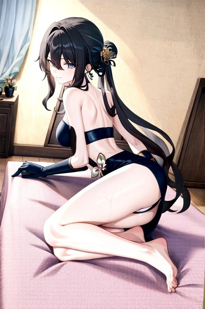 RUANMEI,Bangs,Long hair,skirt,Gloves,Hair between the eyes,Jewelry,Hair accessories,blue eyes,Black Hair,flower,black Gloves,blue skirt,indoors,bedroom,on the bed,A faint smile,wet, 1 Girl,
,  (masterpiece,best quality:1.2),absurd，whole body,,pretty feet，Bare legs,sexy,tall,thin legs