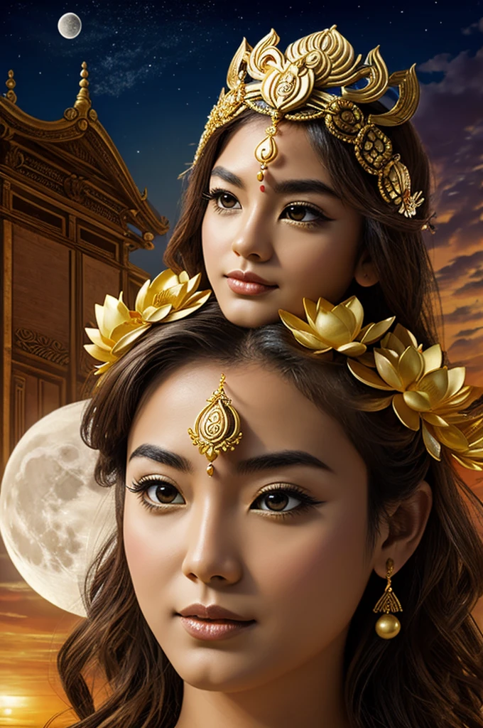 Create an image of a mythological goddess with a crab mask and a lotus flower crown and the moon in the background