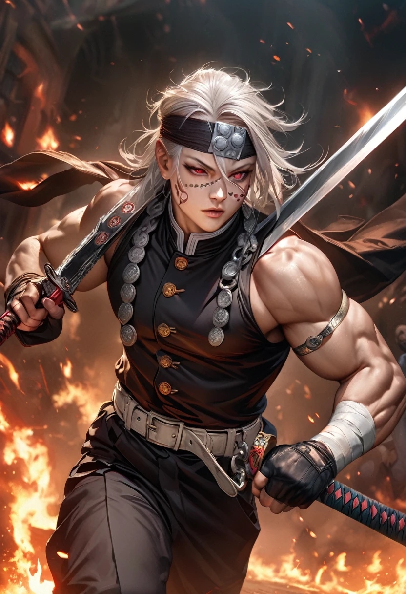 perfect hands, perfect finger,perfect anatomy, masterpiece, best quality,realistic, hyperrealistic, 16k hdr,1 muscular man,, uzui tengen,armband, bandages, over shoulder, red eyes, black pants, tabi, white hair, bare shoulders, armlet, sleeveless, facial mark, gloves, scar, fingerless gloves, belt, headband, ,flames around him, holding double great swords connected by chain, Kimetsu No Yaiba, black demon uniform, running