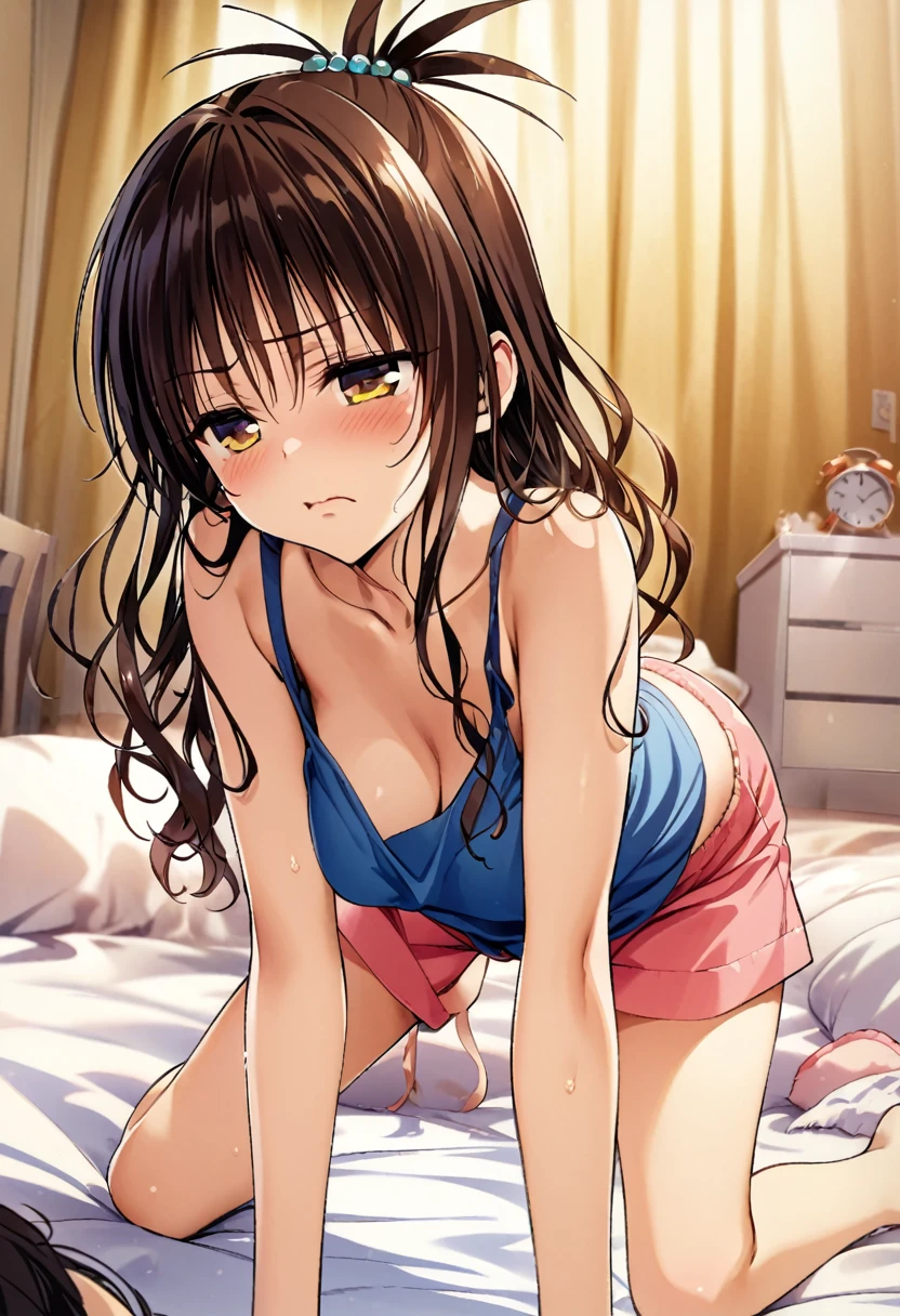 Masterpiece, highres, highest quality, illustration, ultra detailed, best quality, official art, professional lighting, morning sunlight, first-person perspective, blurry vision, half-open eyes,medium breasts, messy bedroom, view from bed, yuuki mikan, hair ornaments, long hair, topknot, wavy hair,all fours on the bed, wearing blue tanktop and pink shorts,downblouse:1.2,arms crossed, scold face, annoyed expression, alarm clock visible in foreground, daily life scene, sibling interaction, sleepy atmosphere