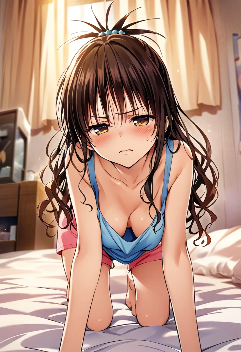 Masterpiece, highres, highest quality, illustration, ultra detailed, best quality, official art, professional lighting, morning sunlight, first-person perspective, blurry vision, half-open eyes,medium breasts, messy bedroom, view from bed, yuuki mikan, hair ornaments, long hair, topknot, wavy hair,all fours on the bed, wearing blue tanktop and pink shorts,downblouse:1.2,arms crossed, scold face, annoyed expression, alarm clock visible in foreground, daily life scene, sibling interaction, sleepy atmosphere