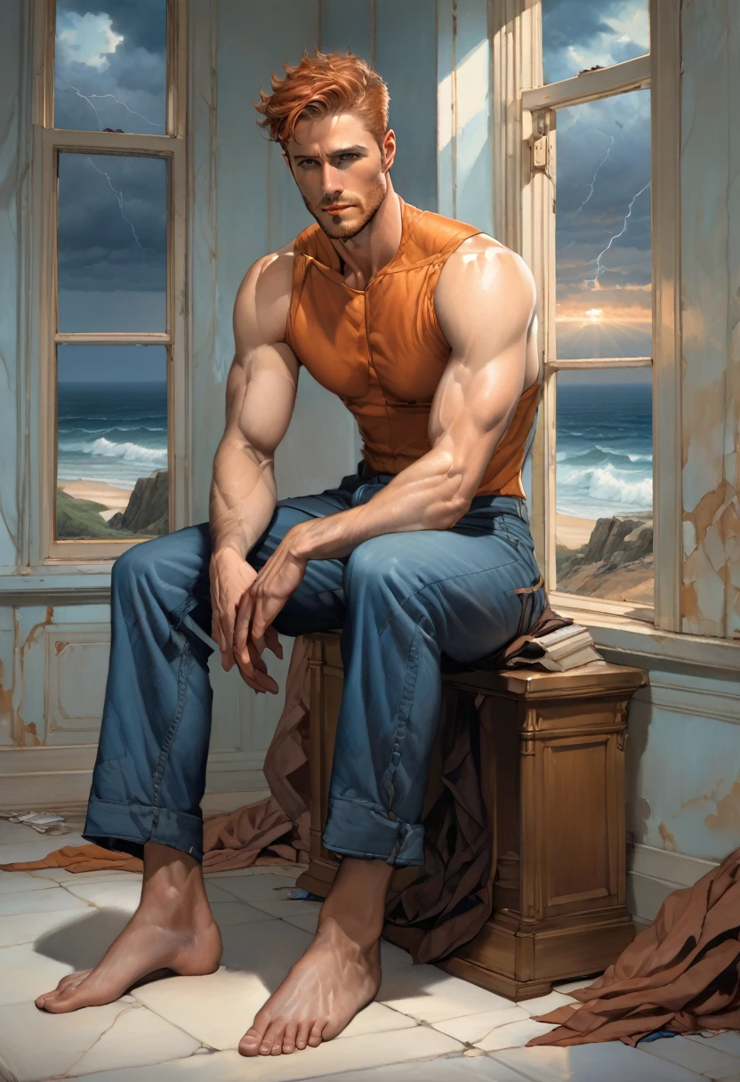 1 fullbody man sitting on the floor by the window starting to the viewer by Aaron Horkey and Jeremy Mann, masterpiece, best quality, Photorealistic, ultra-high resolution, photographic light, illustration by MSchiffer, fairytale, Hyper detailed A mixture of photography and painting, simetryc Composition, Perfect Divine Proportione, 8k resolution fullbody image,(( view from above)) full body, oil painting high chroma colors A 25 years old man, white skin, ginger, barbed, hairy body, thin face, straight nose, thin lips, square chin, large light blue eyes, short red wavy hair, in roberto ferri style, aesthetic slim athletic body, ginger realistic skin, gorgeous, detailed tonned muscles, barefoot, perfect anatomy, muscled fitness body, Young man, perfect anatomy, , energetic splendid, Barefoot, naked, small flacid penis, slim and detailed muscles, shirtless, pantless, fullbody, , the composition of shadows and lights give an atmosphere of spaciousness, he is wearing blue jeans, shirtless, barefoot sitting on the floor by the window looking at the camara background large window to see night storm ((orange lighthouse)) small shelve with orange laptop
