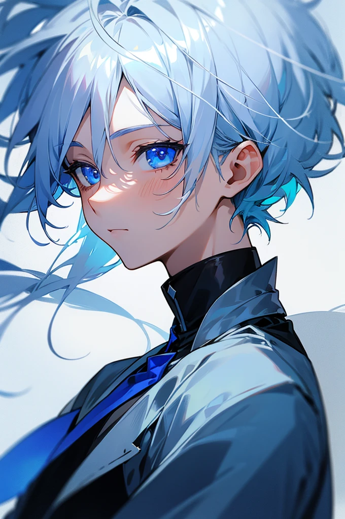 A boy with silver white hair and sapphire blue eyes