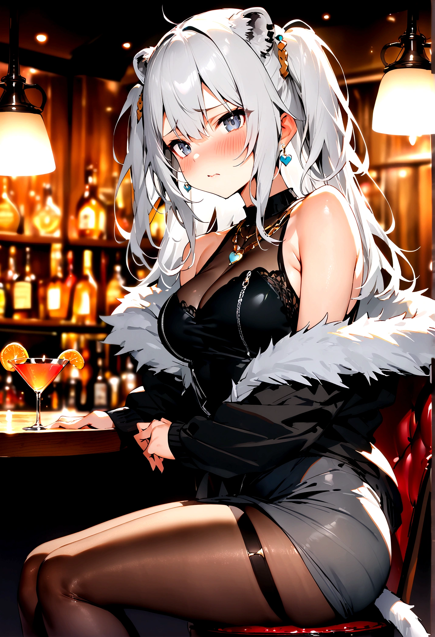 NSFW,masterpiece,Highest quality,High resolution,Super detailed,Shishirabotan\(Ho****ve\),Long Hair、Two Side Up、Earrings、Lion&#39;s Tail,necklace、Black Shirt、Sleeveless shirt、abdomen、See-through、Grey Skirt、片足pantyhose、pantyhose、fur-trimmed jacket、Black jacket、Off the shoulder,Black sexy panties,Embarrassed,blush,Luxurious Room,pub,counter,chair,Cocktail Glass,(Drunk),(Intoxication),Sitting in a chair,heart,Sexy pose,Panty shot,Nampa,From the side