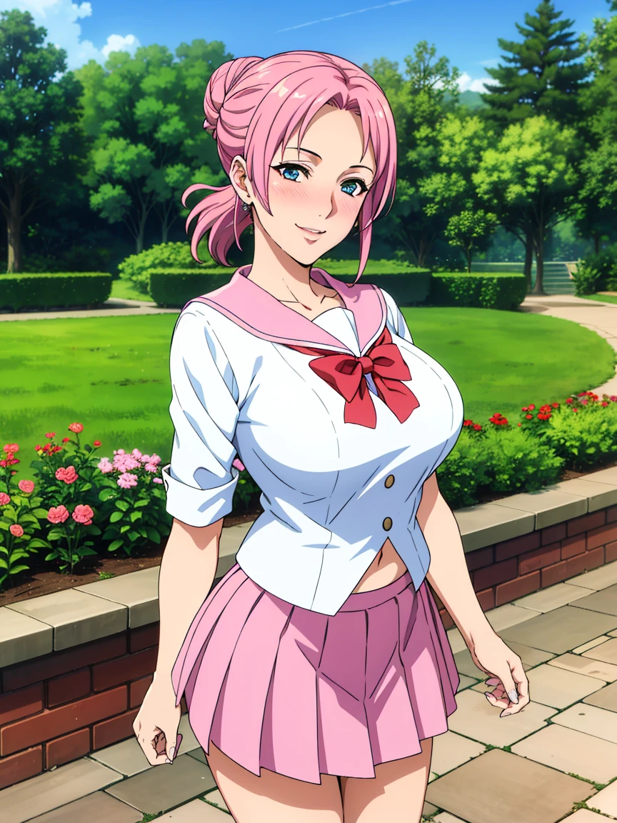 very tempting pose, (white serafuku : 1.3), blue pleated skirt, red bowtie, garden background, elise, mature woman, 25 yo, anime cels style, best quality, high resolution, 1girl, (large breasts:1.2), beautiful face, salmon pink hair tied up in a bun, blue eye, cowboy shot, smiling, blush, looking at viewer