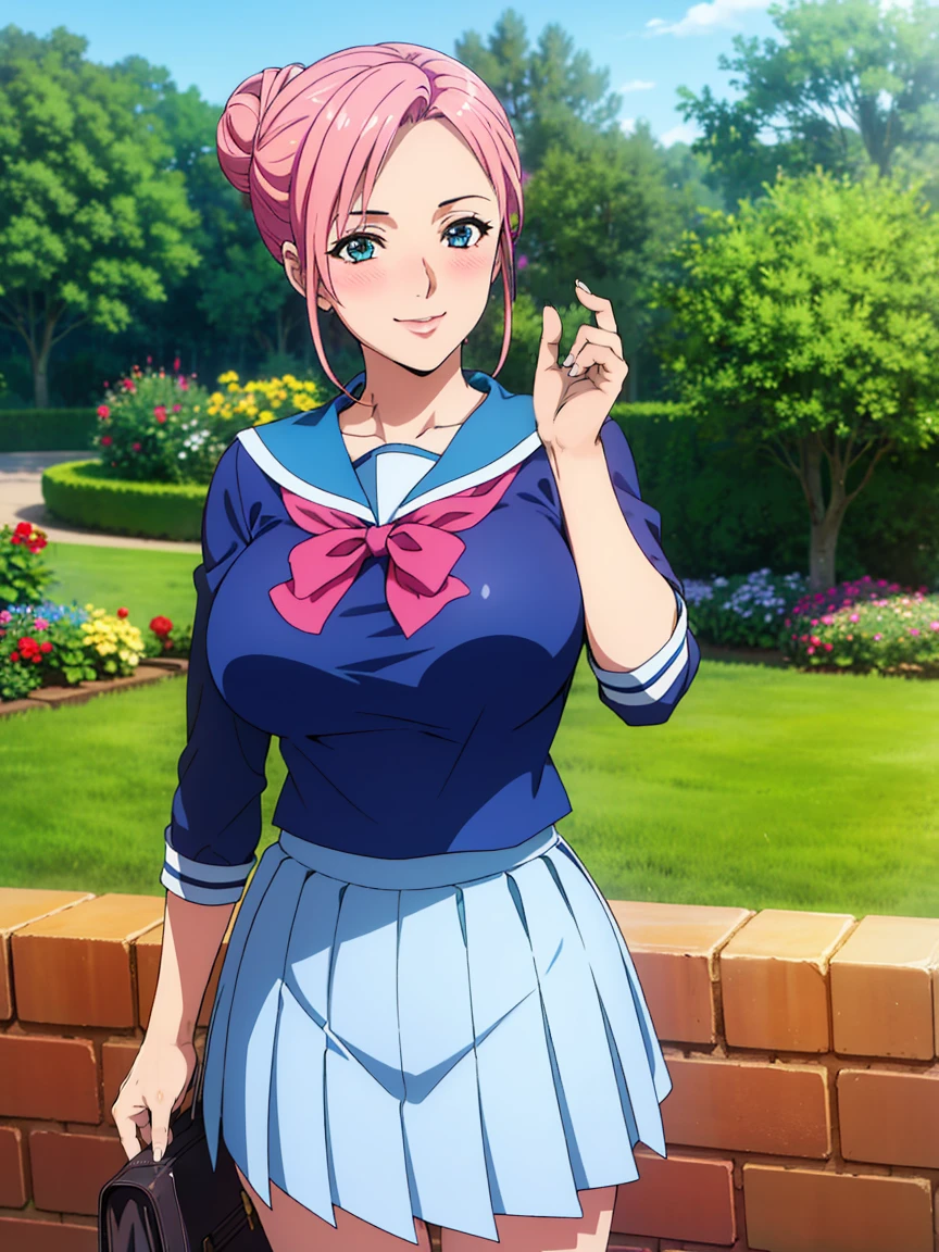 very tempting pose, (white serafuku : 1.3), blue pleated skirt, red bowtie, garden background, elise, mature woman, 25 yo, anime cels style, best quality, high resolution, 1girl, (large breasts:1.2), beautiful face, salmon pink hair tied up in a bun, blue eye, cowboy shot, smiling, blush, looking at viewer