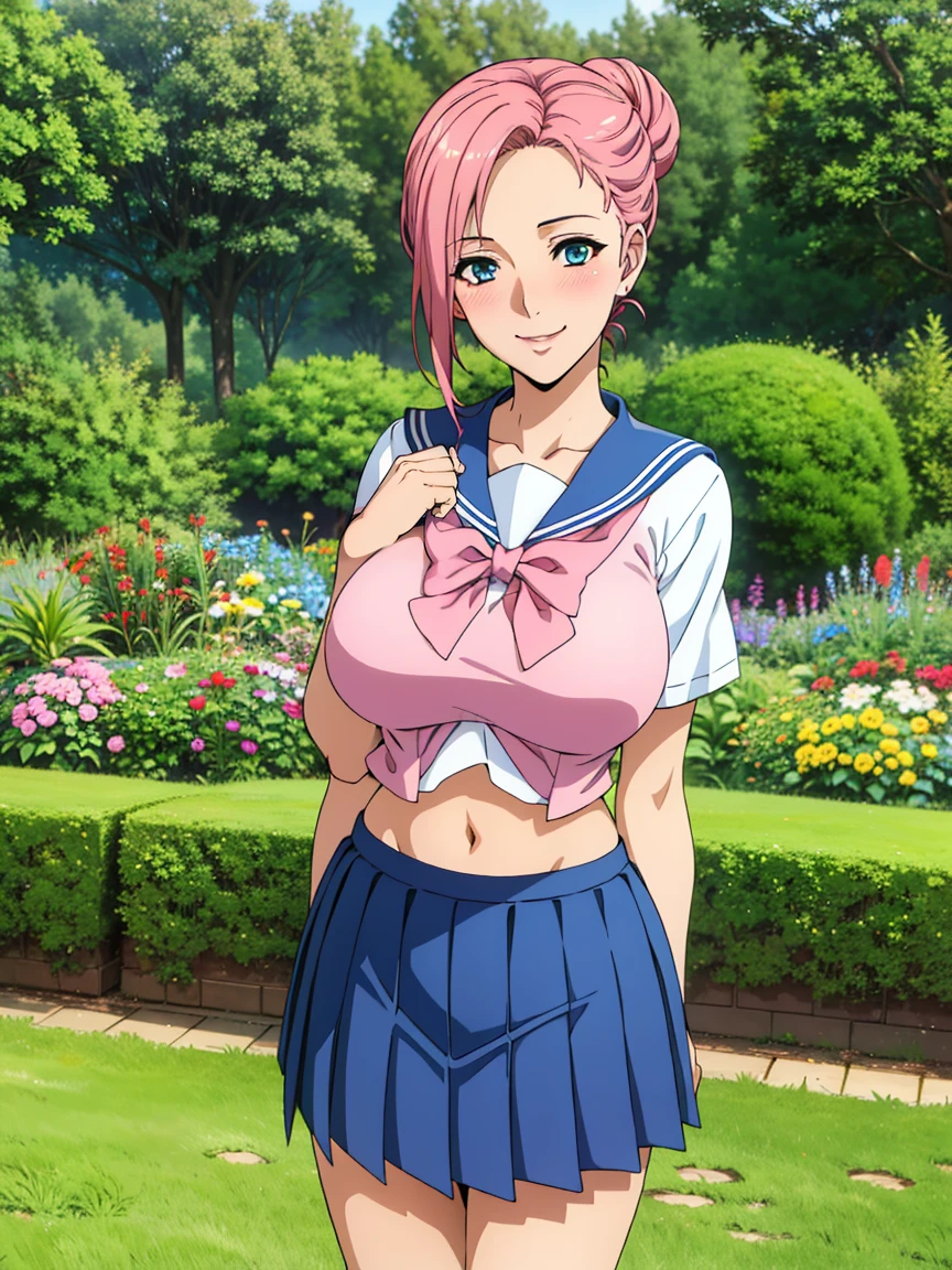 very tempting pose, (white serafuku : 1.3), blue pleated skirt, red bowtie, garden background, elise, mature woman, 25 yo, anime cels style, best quality, high resolution, 1girl, (large breasts:1.2), beautiful face, salmon pink hair tied up in a bun, blue eye, cowboy shot, smiling, blush, looking at viewer