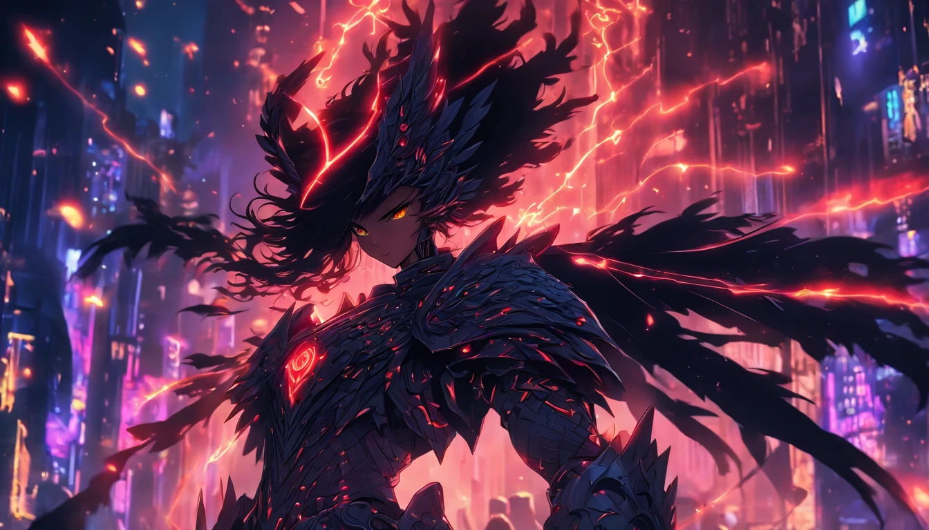 Ancient anime style, artbook, comicbook, RPG, futuristic medieval, steampunk.  A dark angel warrior, wearing medieval technological magic armor with glowing magic markings, dynamic pose, full body, human face with glowing magic tribal tattoos with red tones, angel features, black halo with glowing magic markings, magic red stone skin with glowing carved markings, glowing eyes, using a technological magic long spear with glowing magic circuits.  In a metropolis of a hellish kingdom with advanced technology, with tall buildings with neon details, mixing technology with magical vegetation, steampunk.  Wide scenery, cinematic scene with several layers of depth, dynamics, magical lighting.