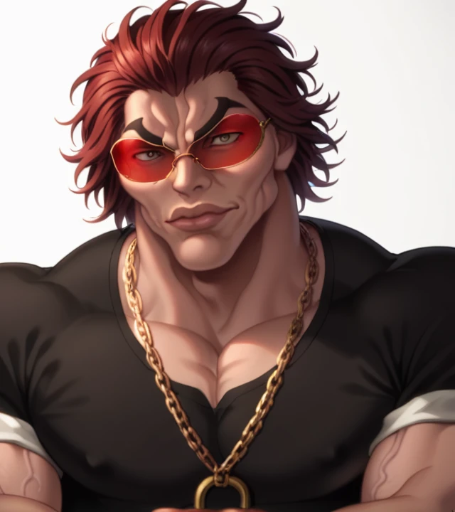 score_9, score_8_up, score_7_up, YujiroHanma, 1boy, male focus, solo, black shirt, chain necklaces, gold, sunglasses, red-tinted eyewear, muscular male, pupils, brown eyes red hair, manly, veins, dynamic lighting, extremely detailed, portrait, lips very veiny, glare, white background