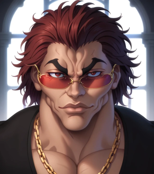 score_9, score_8_up, score_7_up, YujiroHanma, 1boy, male focus, solo, black shirt, chain necklaces, gold, sunglasses, red-tinted eyewear, muscular male, pupils, brown eyes red hair, manly, veins, dynamic lighting, extremely detailed, portrait, lips very veiny, glare, white background