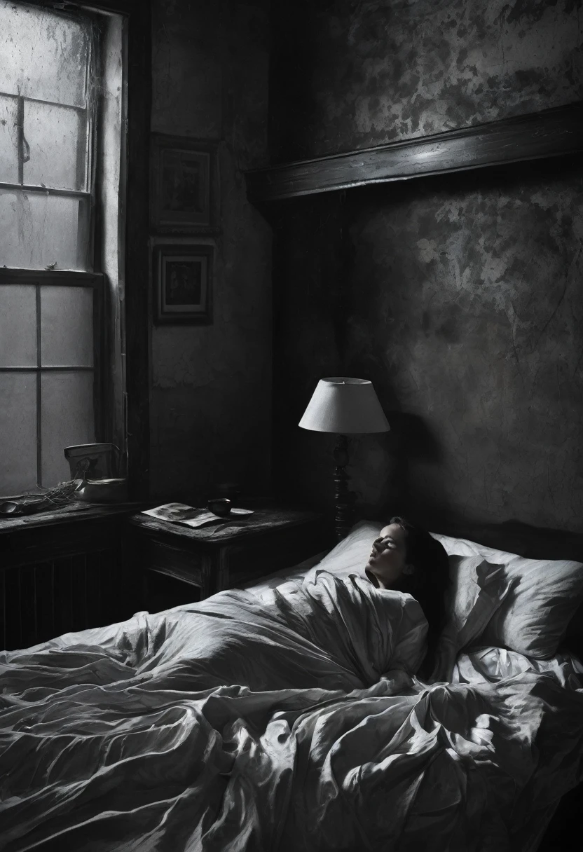 Prompt: A dimly lit bedroom scene: A person lies tangled in sweat-soaked sheets, their features contorted in a mixture of fear and discomfort. The air is heavy with the stench of perspiration as they thrash about, trapped in a vivid and terrifying nightmare. Distorted images dance across their eyelids: twisted faces, grasping hands, and dark, foreboding shadows. The bed sheets are drenched in sweat, clinging to their skin like a damp shroud. The overall atmosphere is oppressive, with dark colors dominating the scene.,Negative prompt: ,Steps: 25,Sampler: Euler a,KSampler: euler_ancestral,Schedule: normal,CFG scale: 7,Seed: 0,Size: 1152x768,VAE: Automatic,Denoising strength: 0.47,Clip skip: 2,Model: extraRealistic-xl.fp16,Hires resize: 1152x768,Hires steps: 1,Hires upscaler: R-ESRGAN 4x+