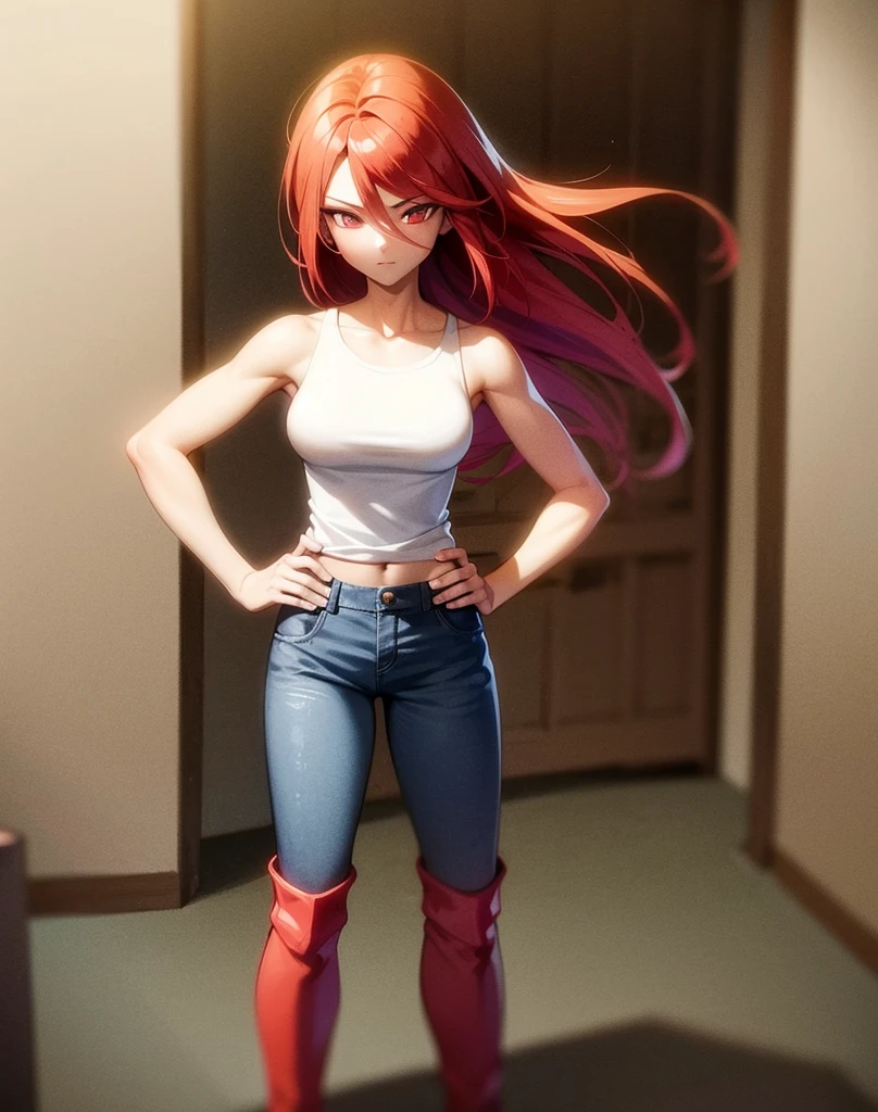 young girl, good body, sexy body, bright red hair, long hair, with bright red eyes, bright Eyes, White shirt, bright blue denim pants, short brown boots with white, standing, pose standing, eyes with red edges, eyes with red lines