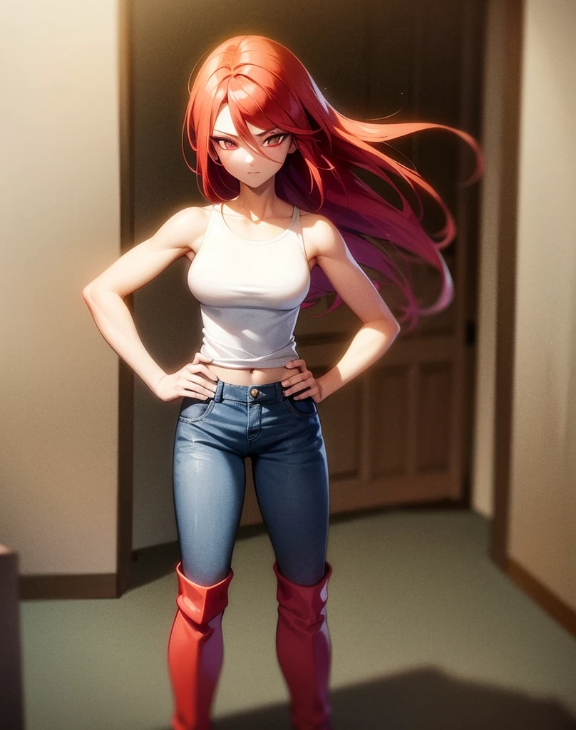 young girl, good body, sexy body, bright red hair, long hair, with bright red eyes, bright Eyes, White shirt, bright blue denim pants, short brown boots with white, standing, pose standing, eyes with red edges, eyes with red lines