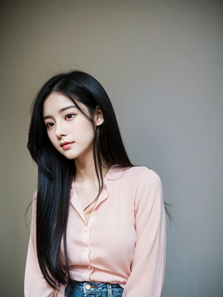 In manhwa art style young Korean woman 29s. Her hair is long and black color. Her face is oval than it is long, which carry a warm , expressive face. Her skin is radiant and clear, and her thin lips is pink. Small grey color eyes are captivating and misterios. She is wearing a jeans and white buttoned blouse while inside his photographic studio