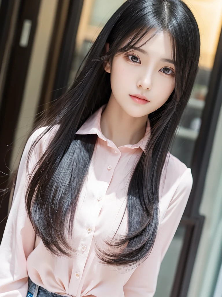 In manhwa art style young Korean woman 29s. Her hair is long and black color. Her face is oval than it is long, which carry a warm , expressive face. Her skin is radiant and clear, and her thin lips is pink. Small grey color eyes are captivating and misterios. She is wearing a jeans and white buttoned blouse while inside his photographic studio 