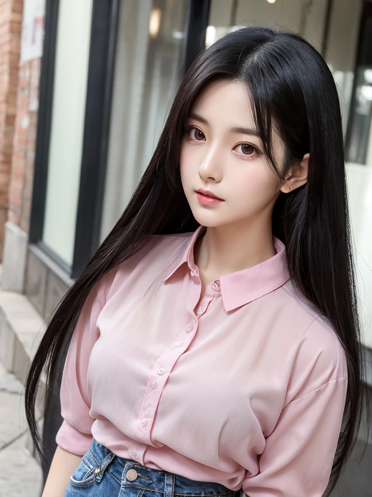 In manhwa art style young Korean woman 29s. Her hair is long and black color. Her face is oval than it is long, which carry a warm , expressive face. Her skin is radiant and clear, and her thin lips is pink. Small grey color eyes are captivating and misterios. She is wearing a jeans and white oned blouse while inside his photographic studio