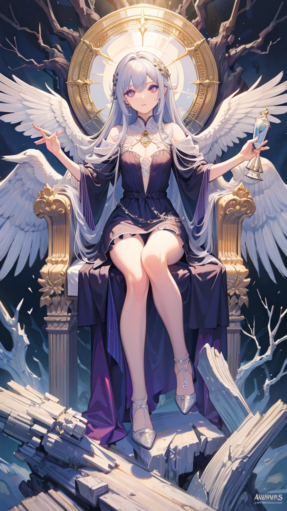 (composição perfeita, high detailed, high detailed face, 8k resolution, more detailed dress) long dress, mature woman, adult, beautiful face, white long hair, fabulous fancy purple long queen dress, ice queen, ice dress, ice organic curvly throne, extensious dress, heels, fade out slnow forest and mountain background, dark fantasy style, digital illustration, goddess aura, beauty aspects, gentile expressions, detailed face, very detailed, light from above holy aura, imponent prescence, light holofot, high quality shadows, sunrise light
