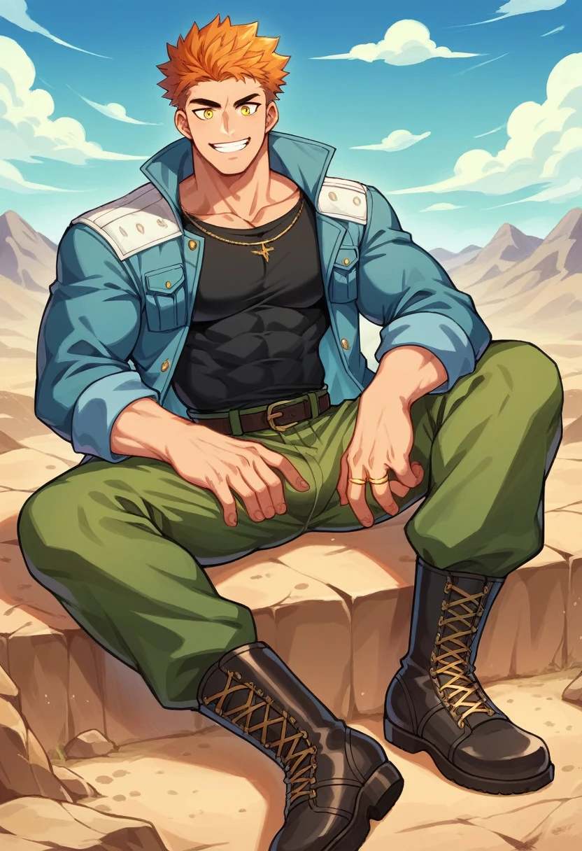 NSFW,Muscular man, defined body, Gold rings on every finger, Light blue gangster jacket, Black shirt under the jacket, Green long army pants, Brown military boots, Wicked Smile, Orange spiky hair, Messy Hair, short hair, Yellow Eyes, Big Mountain々Desert landscape with clouds, Scenery with monsters around,penis,gay