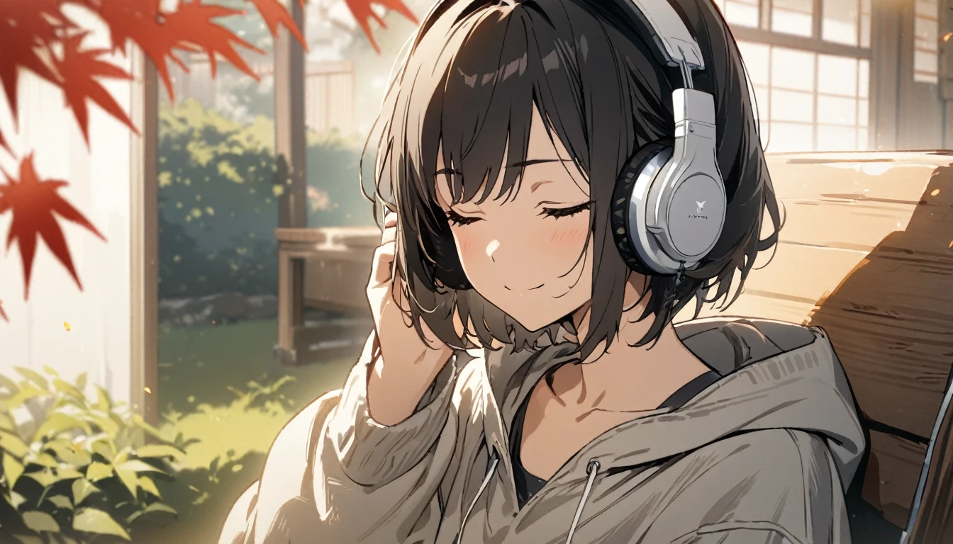 1girl, solo, gentle smile on her face flat chest, short hair, black hair, upper body, ((masterpiece, illustration, best quality)) ((best quality)), ((masterpiece)), (detailed), perfect face, sitting under the japanese maple, listening to music, One woman, wearing headphones, eyes closed, wearing a hoodie