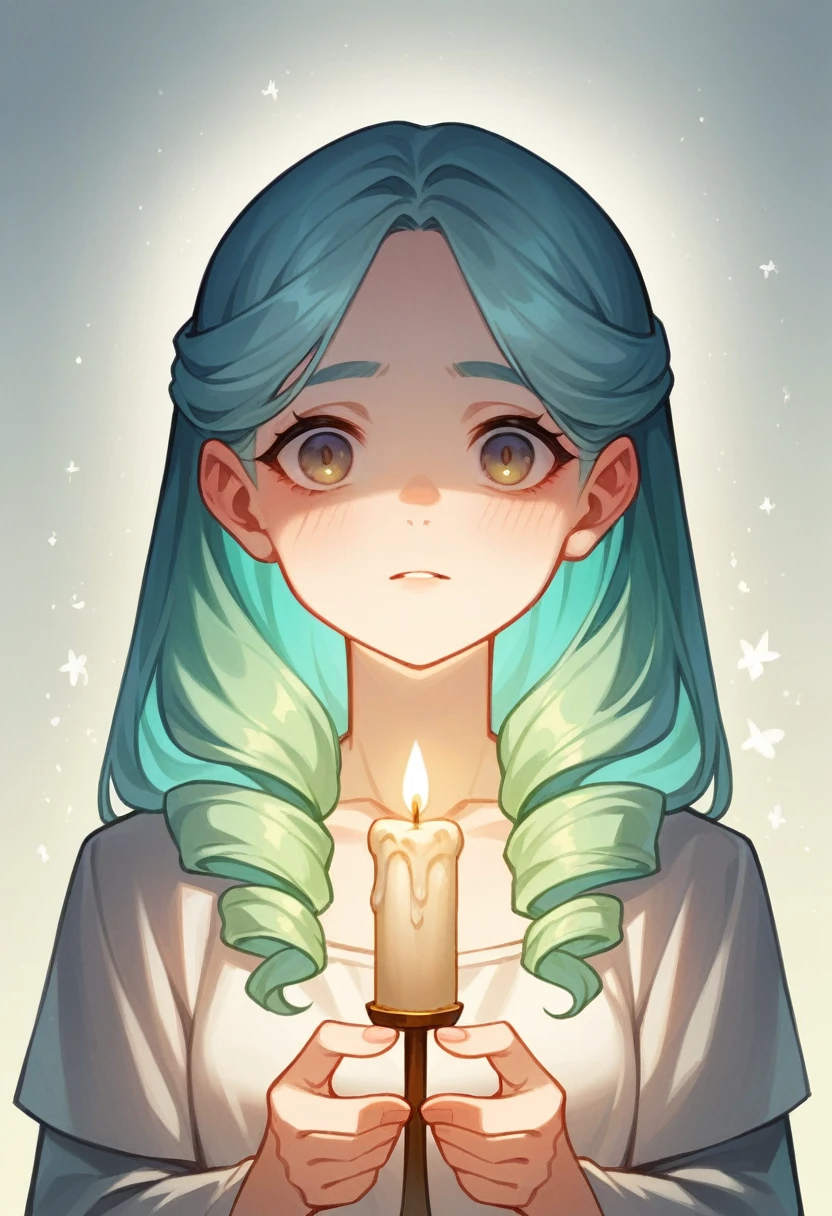 Create a photograph-like image of a young white girl, holding a candle. The candle emits a warm, bright light that illuminates your face and casts complex shadows on your skin and around it. Her hair is loosely tied, and she has a serene, contemplative expression. Candle light should create a soft, ethereal glow, emphasizing the delicate features of your face. Use a minimalist, drawing style with fine lines and subtle shading, capturing the contrast between light and shadow. Incorporate warm tones to enhance the intimate and tranquil atmosphere of the scene.