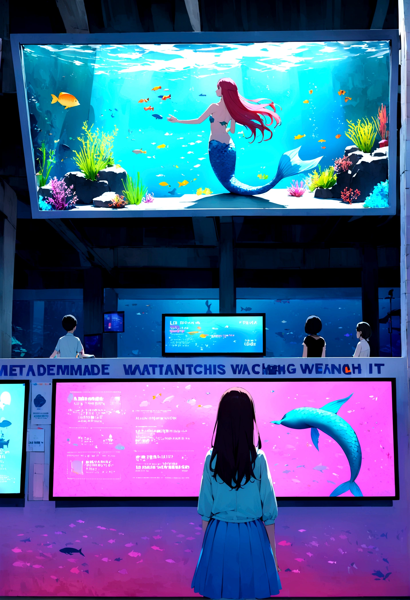 Aquarium background, a woman inside an aquarium, interactive signage, a tall signboard, interactive art, digital signage, a signboard showing a mermaid, digital display, bright signage, LED display, inside a signboard A mermaid is watching us. There are people watching it. This is a view from behind of a person looking at a signboard.