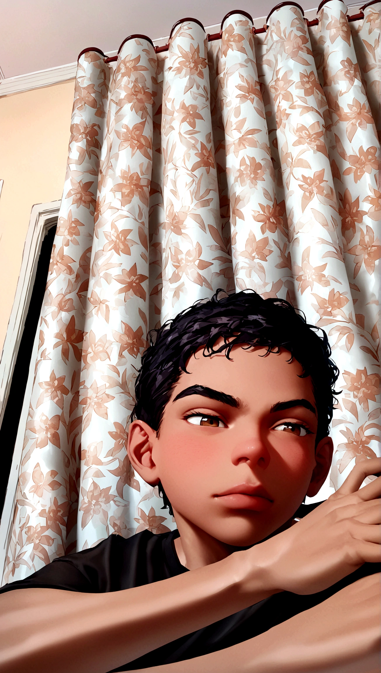 It's a Pixar model, a boy with an oversized black shirt with a cell phone in his hand