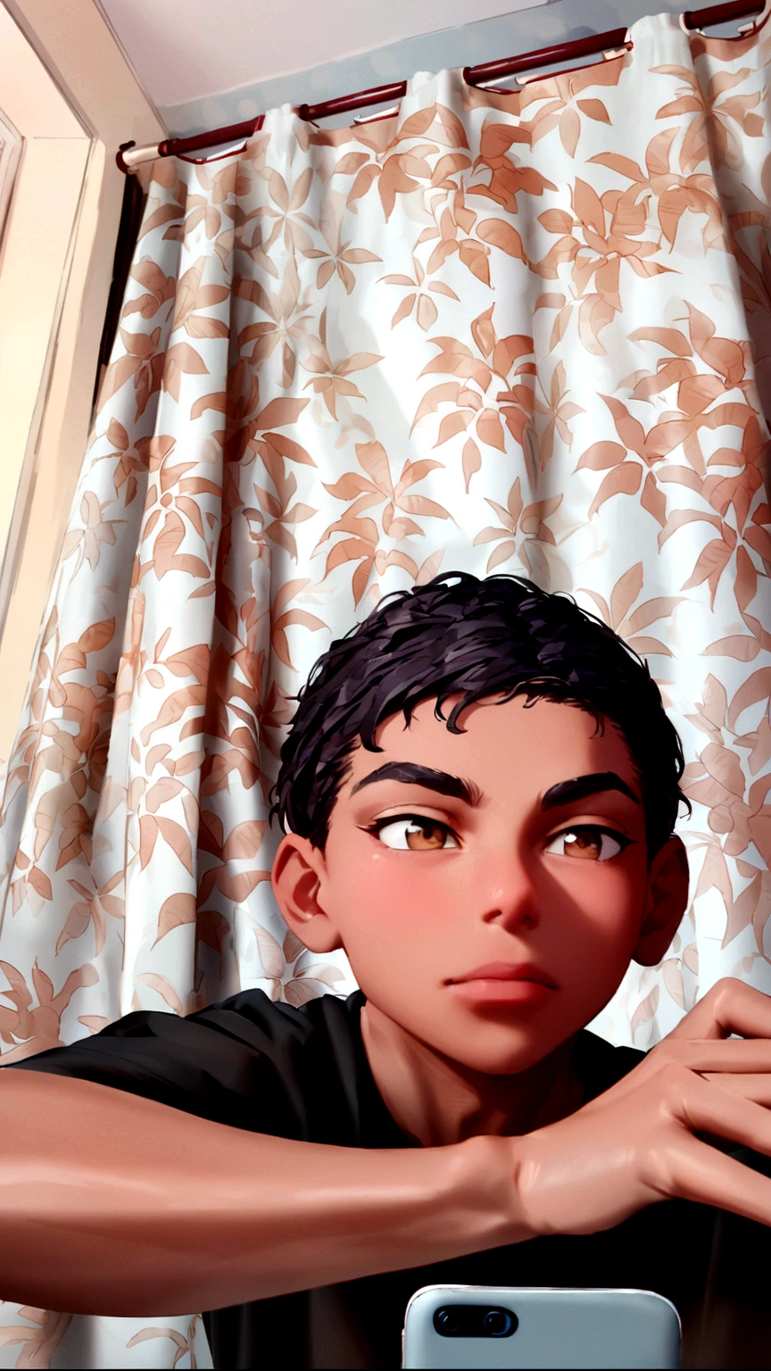 It's a Pixar model, a boy with an oversized black shirt with a cell phone in his hand 